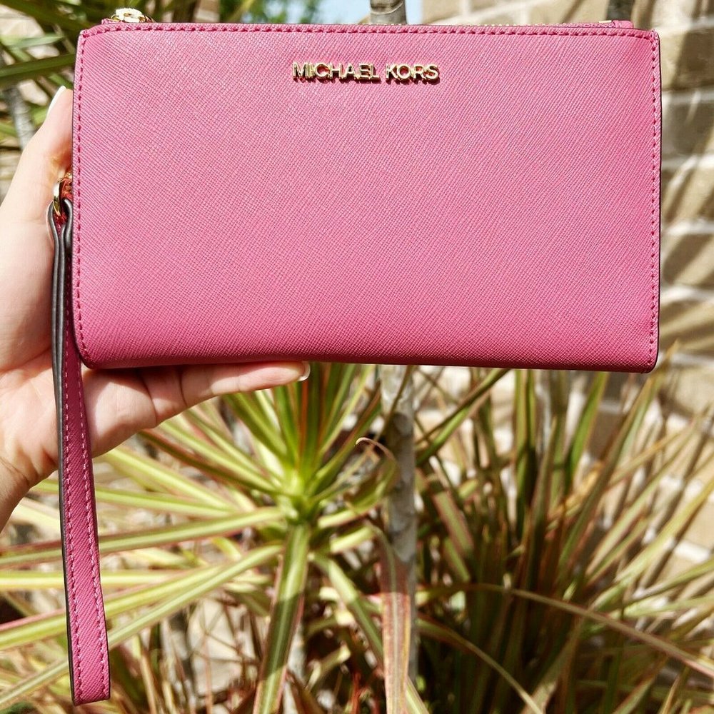 Michael Kors Jet Set Travel Double Zip Wristlet Rosewood Pink Saffiano Leather - Picture 5 of 5